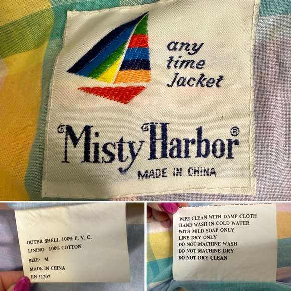 Vtg 90s Misty Harbor Pink PVC Rain Slicker Plaid Lined Hooded M Coastal Preppy - Picture 8 of 14